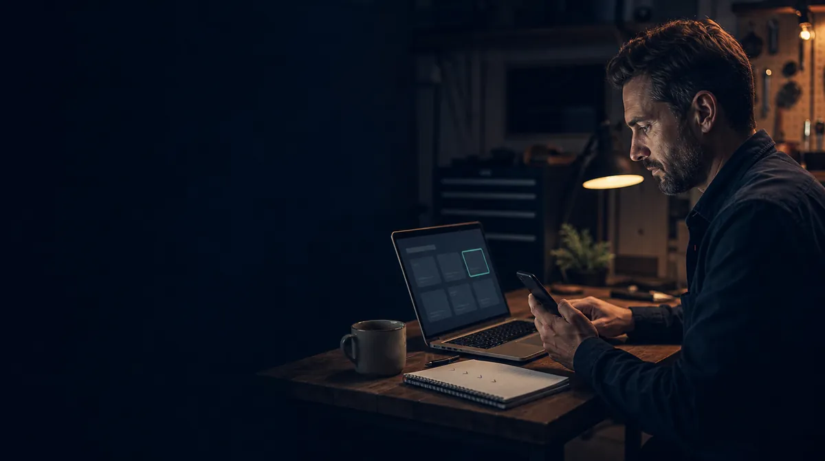 A solo small-business owner in a navy-lit workshop comparing answering-service options on a laptop and phone.