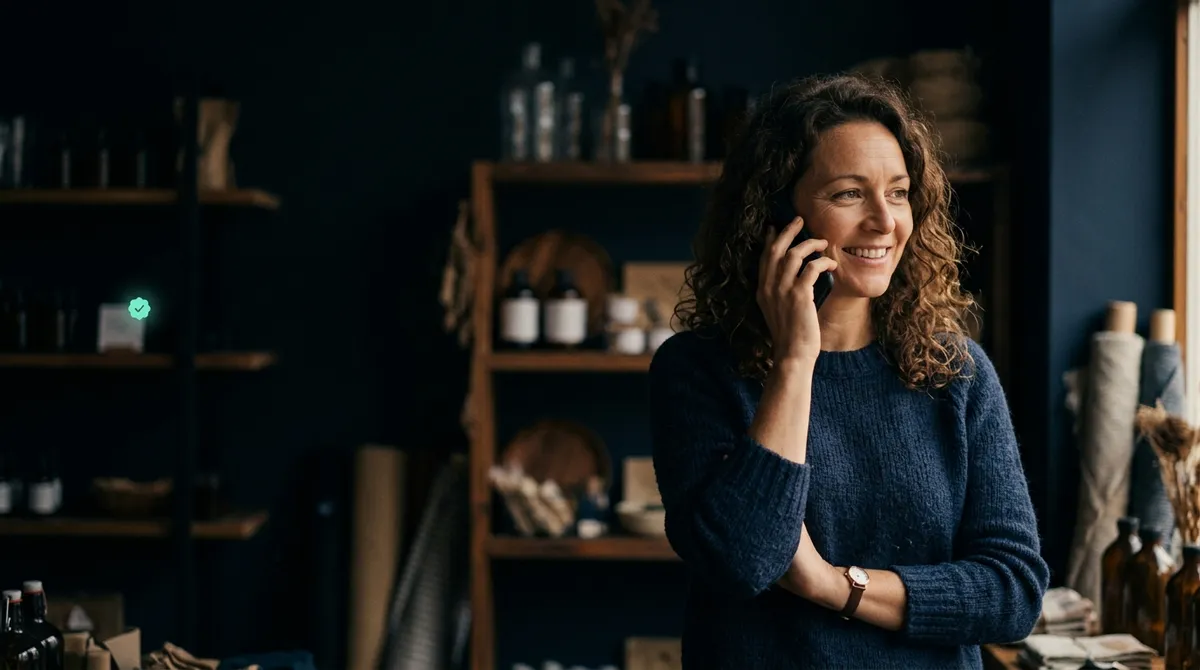 A local shop owner smiling warmly during a phone call among shelves of goods, a small mint-teal verified badge nearby.