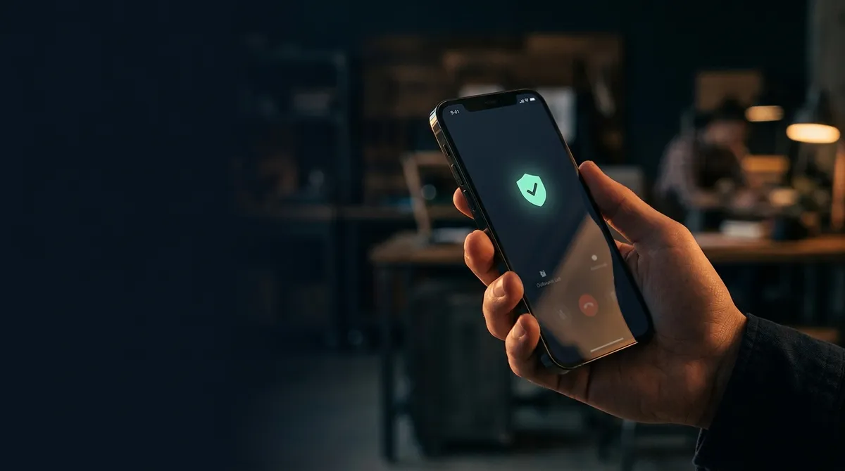 A hand holding a phone as an outbound call connects with a glowing mint-teal verified shield-check.