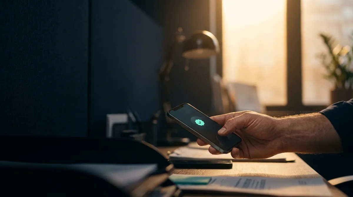 A hand lifting a ringing phone that shows an incoming business call with a mint-teal verified caller-ID checkmark.