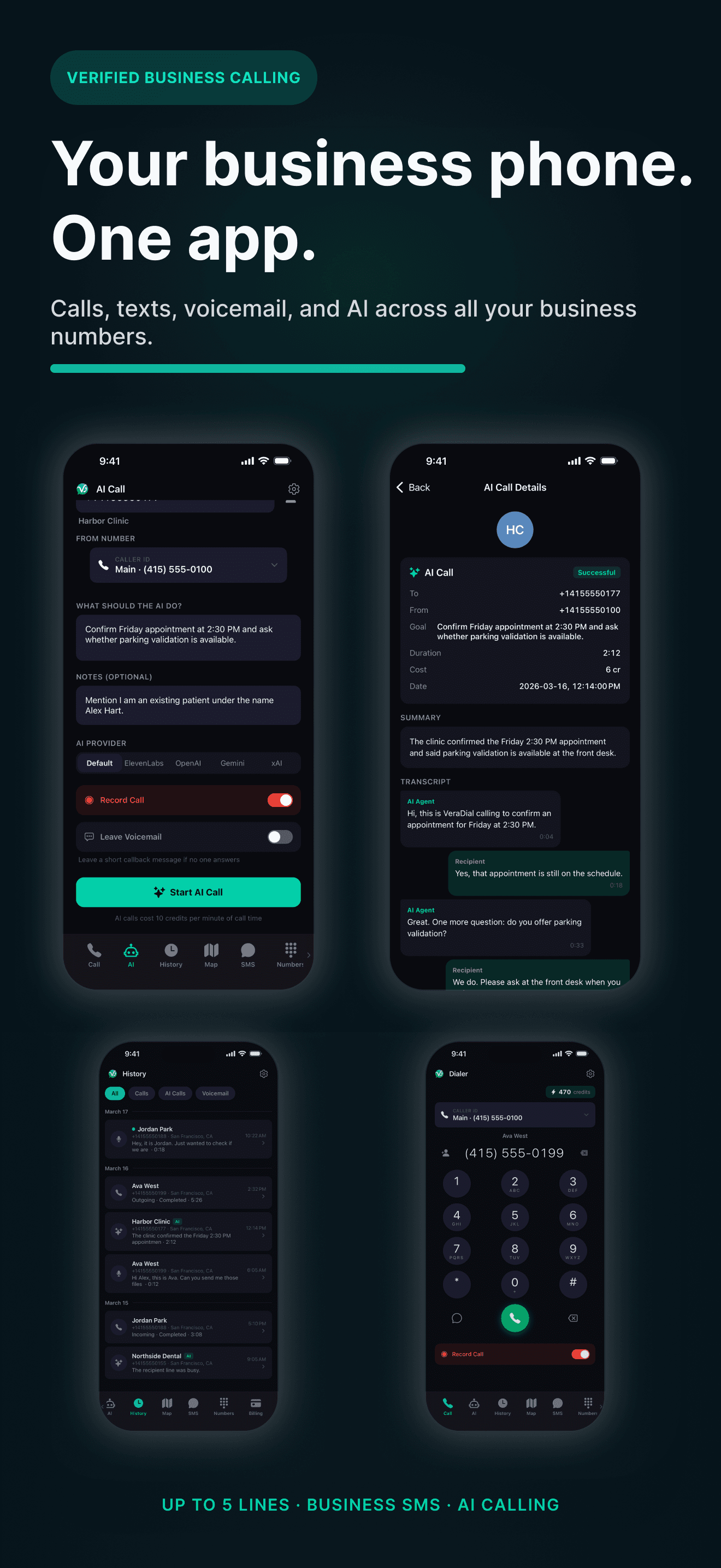 VeraDial overview showing AI calling, number management, and call history