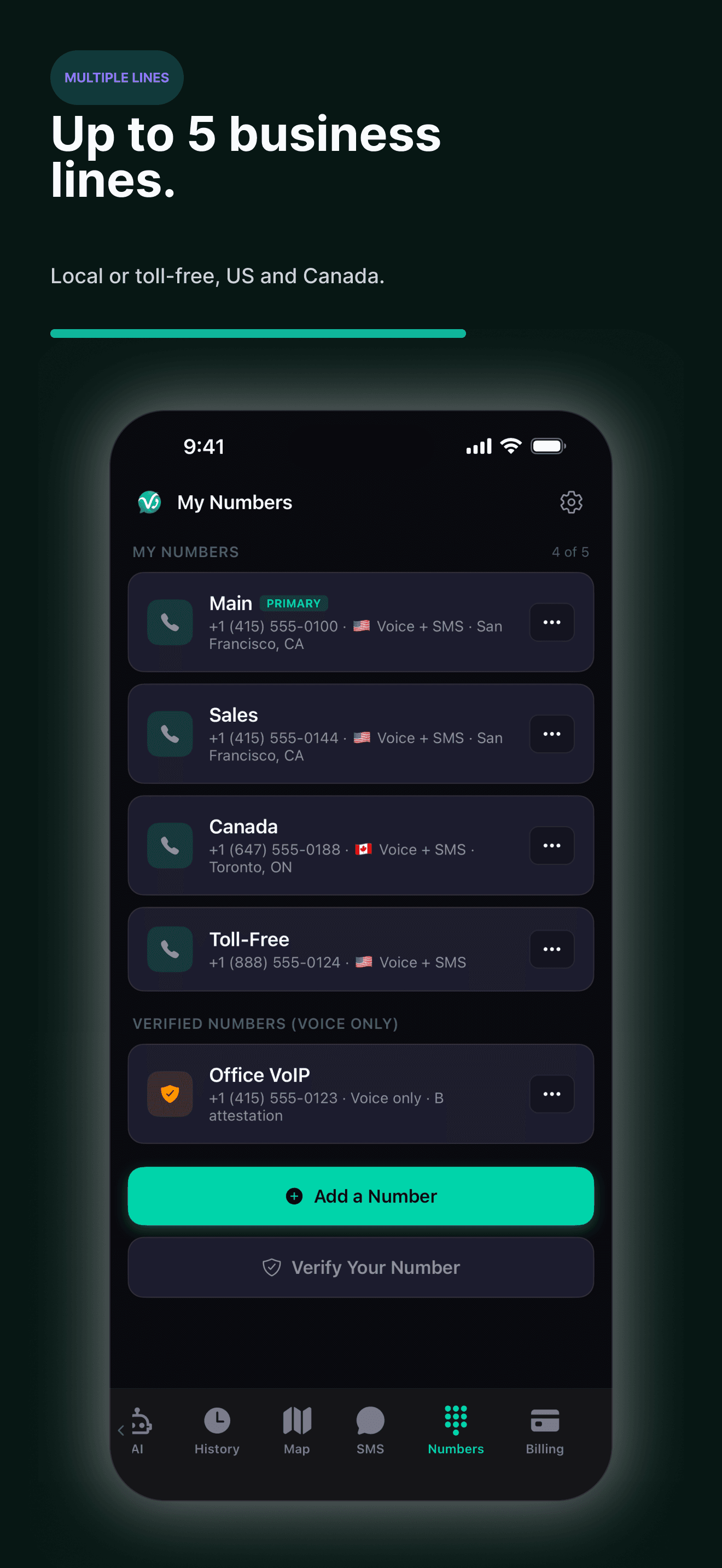 Up to 5 business lines with local and toll-free numbers