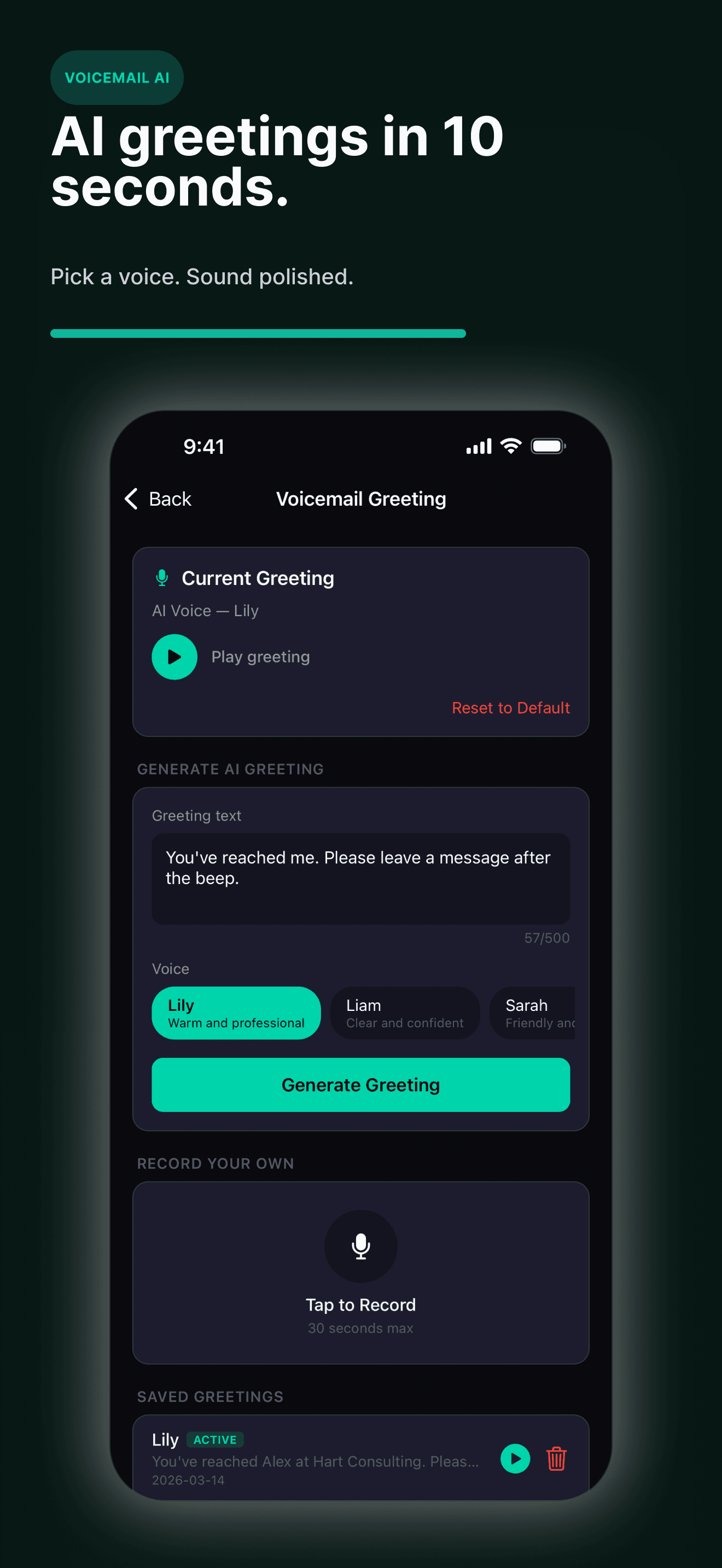 Generate professional voicemail greetings with AI voices