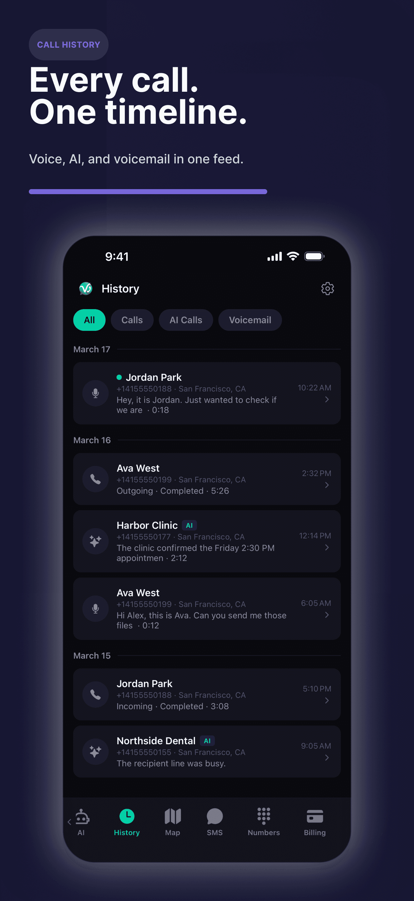 Unified timeline of voice calls, AI calls, and voicemail