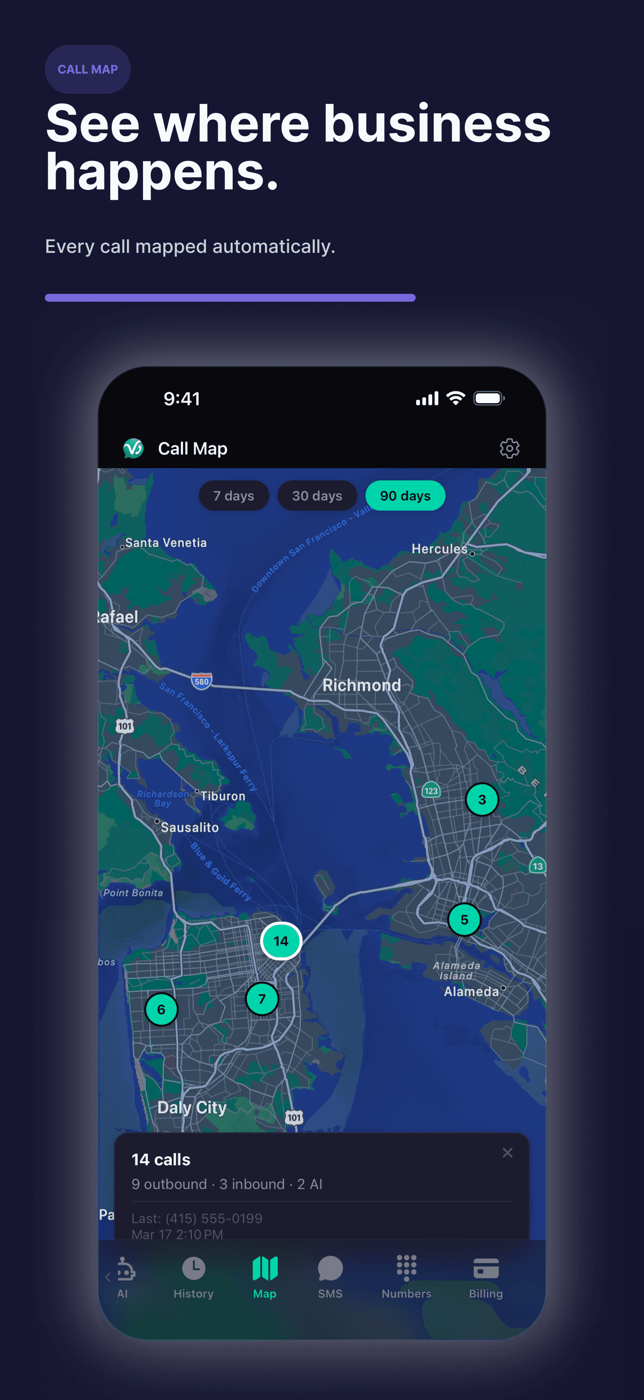 Geographic view of all call activity across US and Canada
