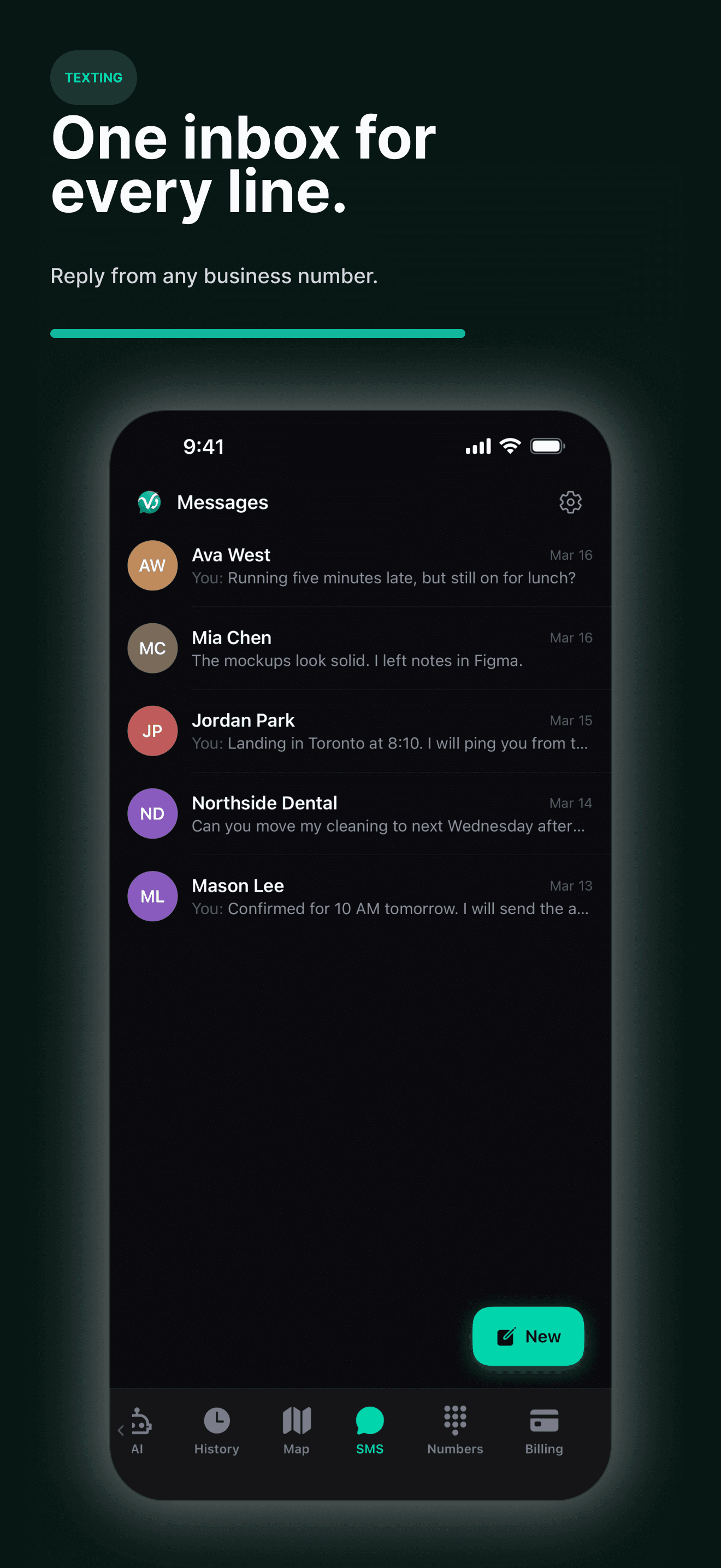 Send and receive texts from any business number