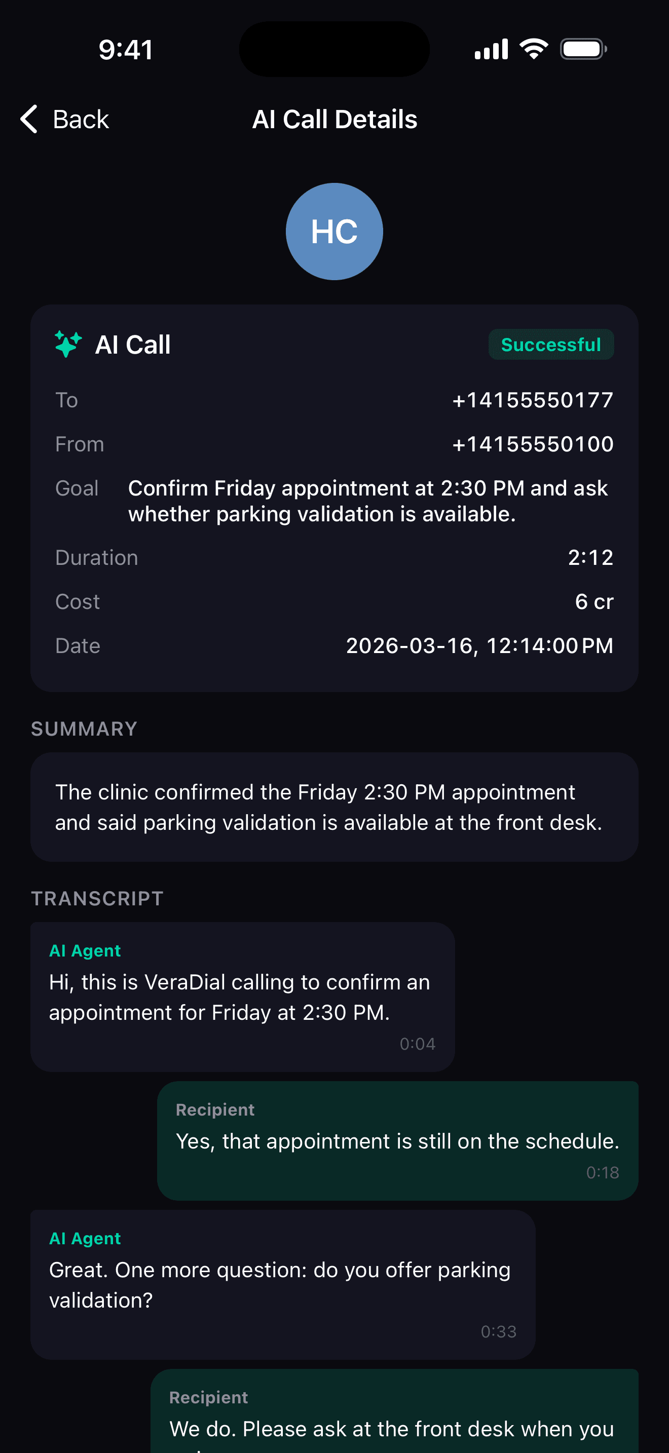 AI call transcript and summary