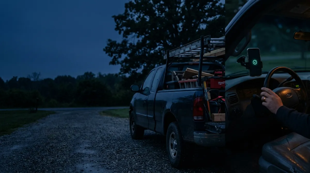 A loaded work truck ready at dawn in a driveway, a phone on the dashboard showing a quiet mint-teal confirmation.