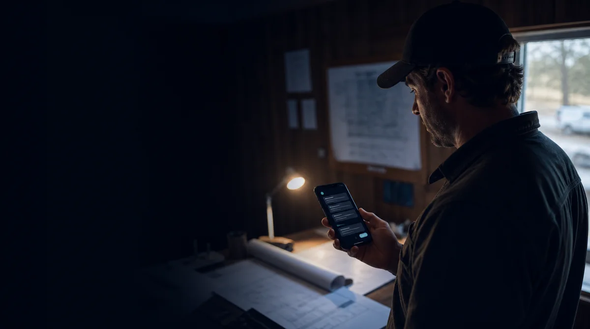 A local service-business owner reviewing a completed receptionist call on a phone in a quiet job-site office.