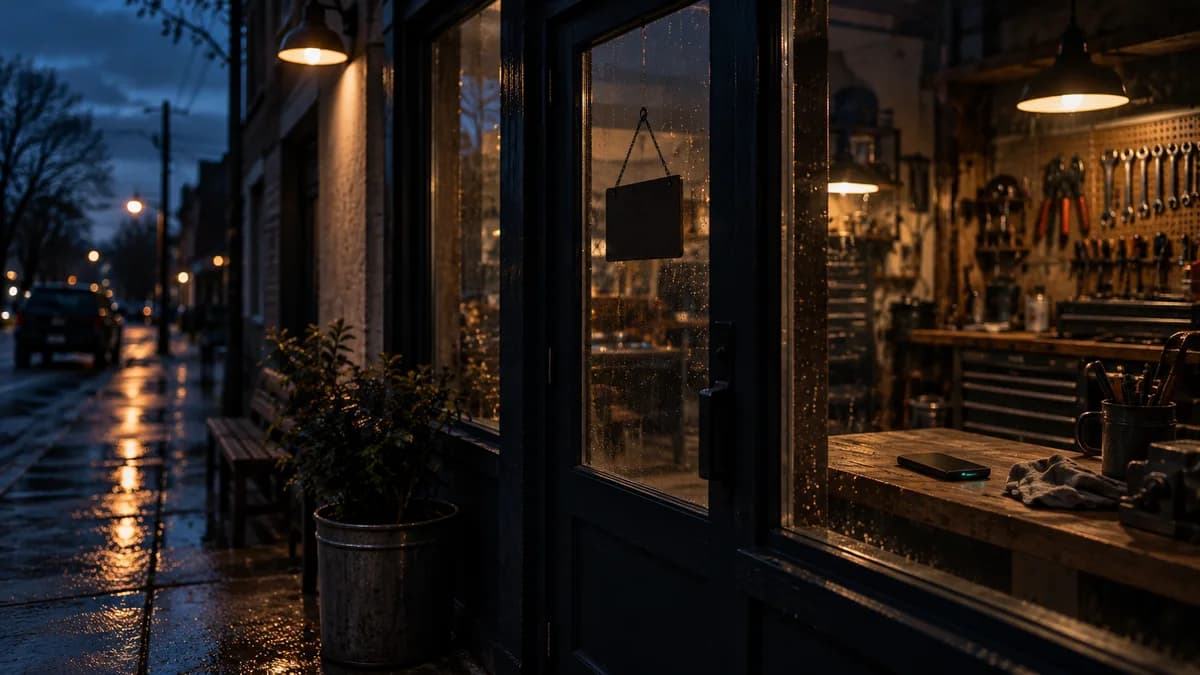 A quiet workshop after closing, with an amber-lit workbench and a face-down phone behind a rain-speckled storefront window.