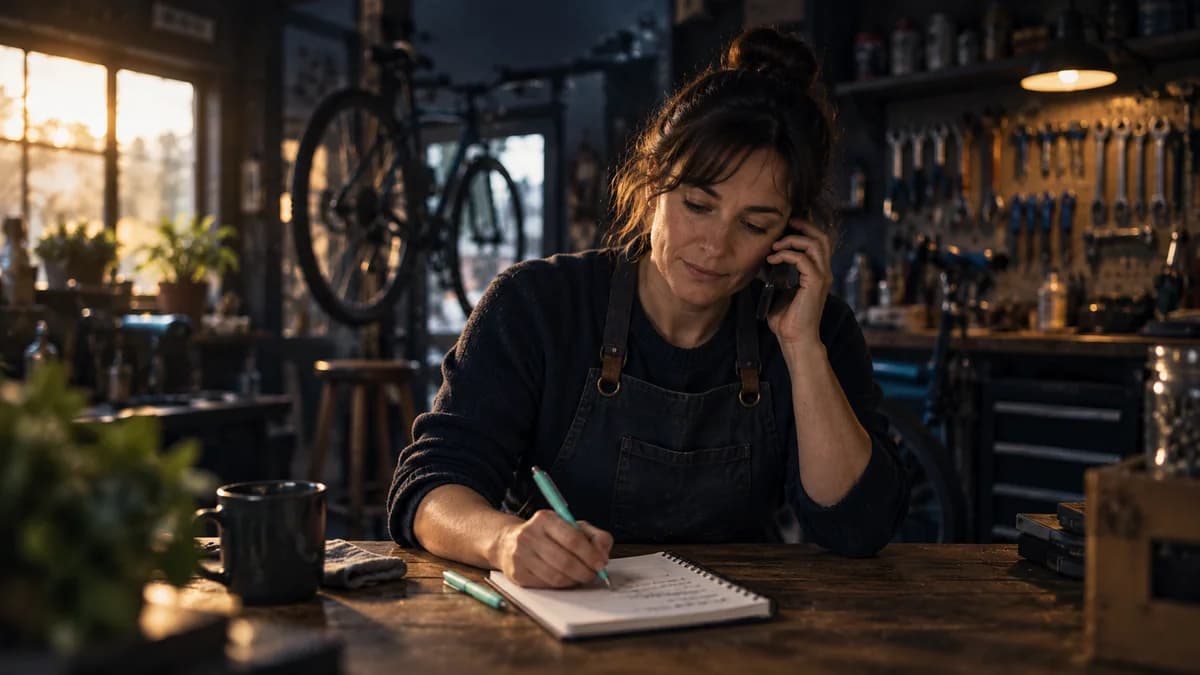 An independent bicycle-shop owner listening to a phone call while revising a greeting at a warmly lit workshop counter.