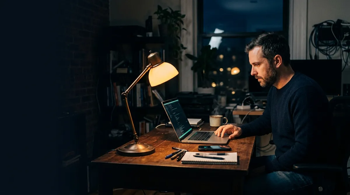 A solo founder working late at a desk with a laptop, phone, and coffee under a warm amber lamp.