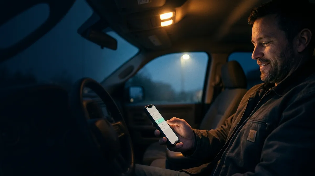 A contractor in a work truck reviewing a queue of calls on a phone, one glowing mint-teal as handled automatically.