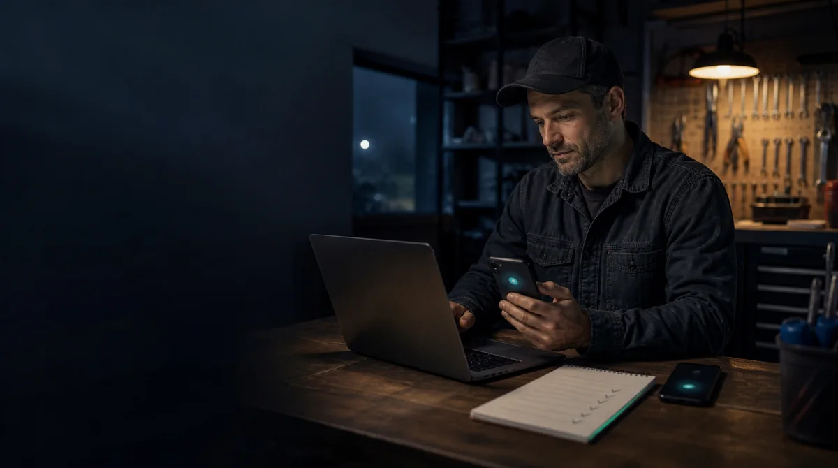 A small-business owner in a workshop testing an AI receptionist beside a laptop and handwritten checklist.