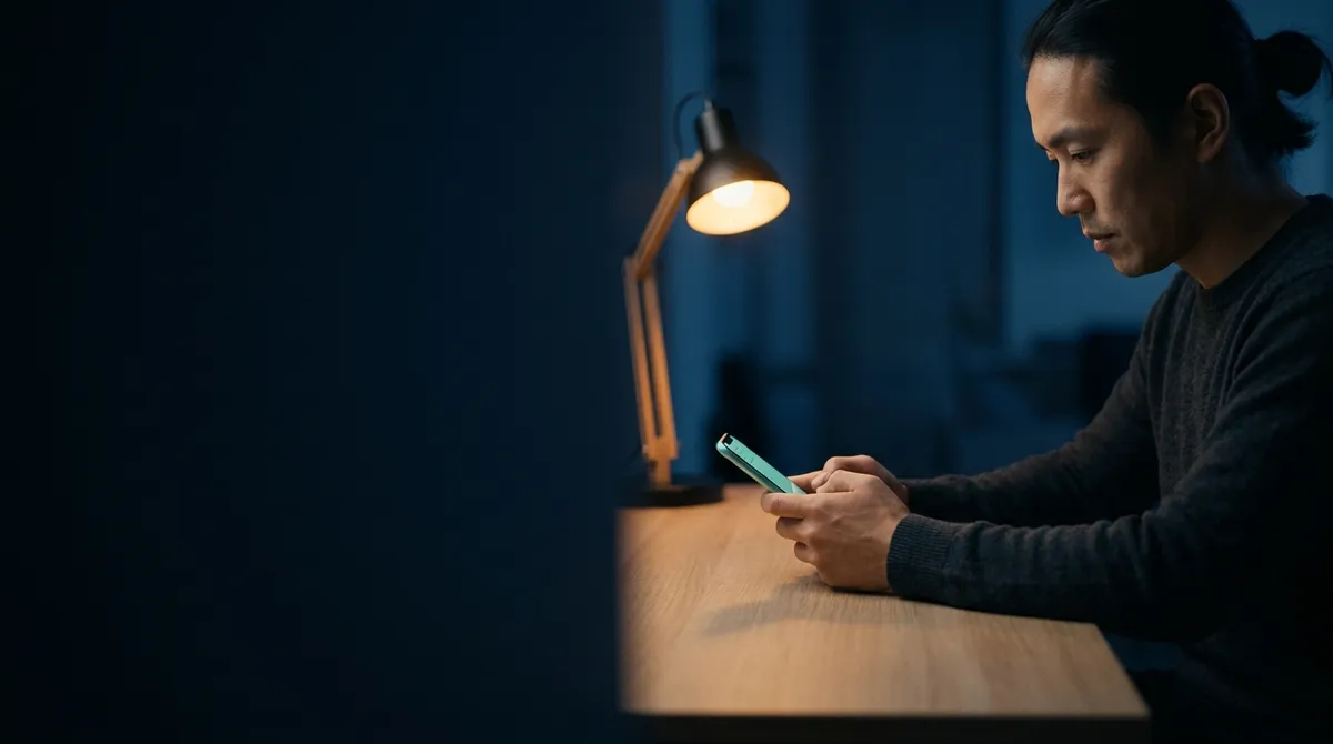 A person composing a short call brief on their phone at a tidy desk, a mint-teal accent on the screen edge.
