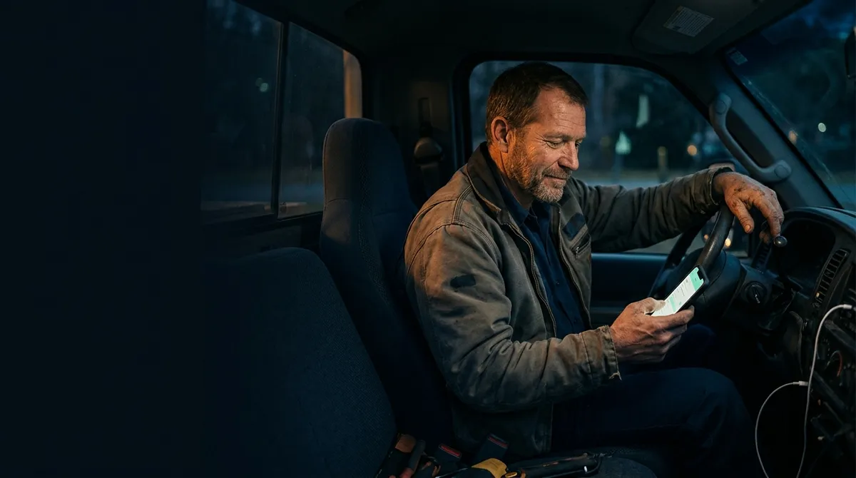 A contractor in a truck reviewing a call summary on a phone with soft mint-teal highlights.