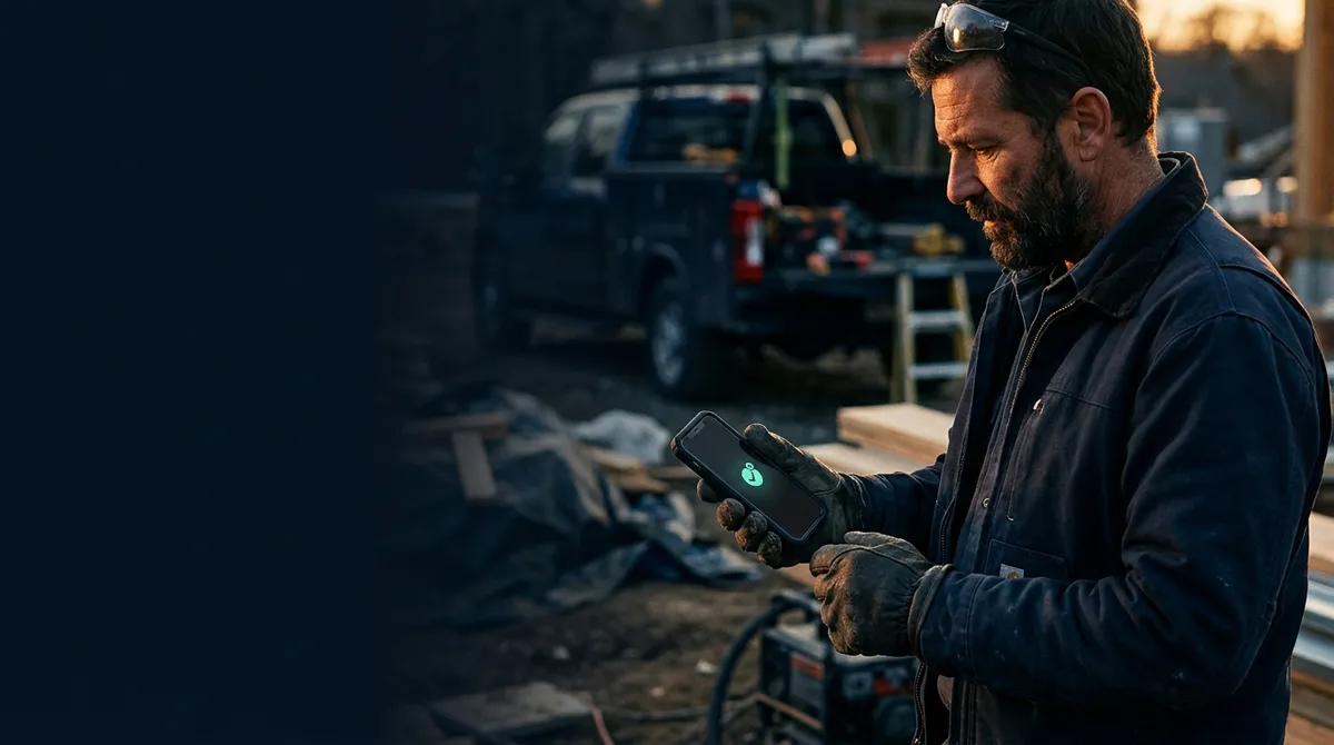 A tradesperson on a job site at golden hour glancing at a missed call with a mint-teal verified checkmark on the phone.