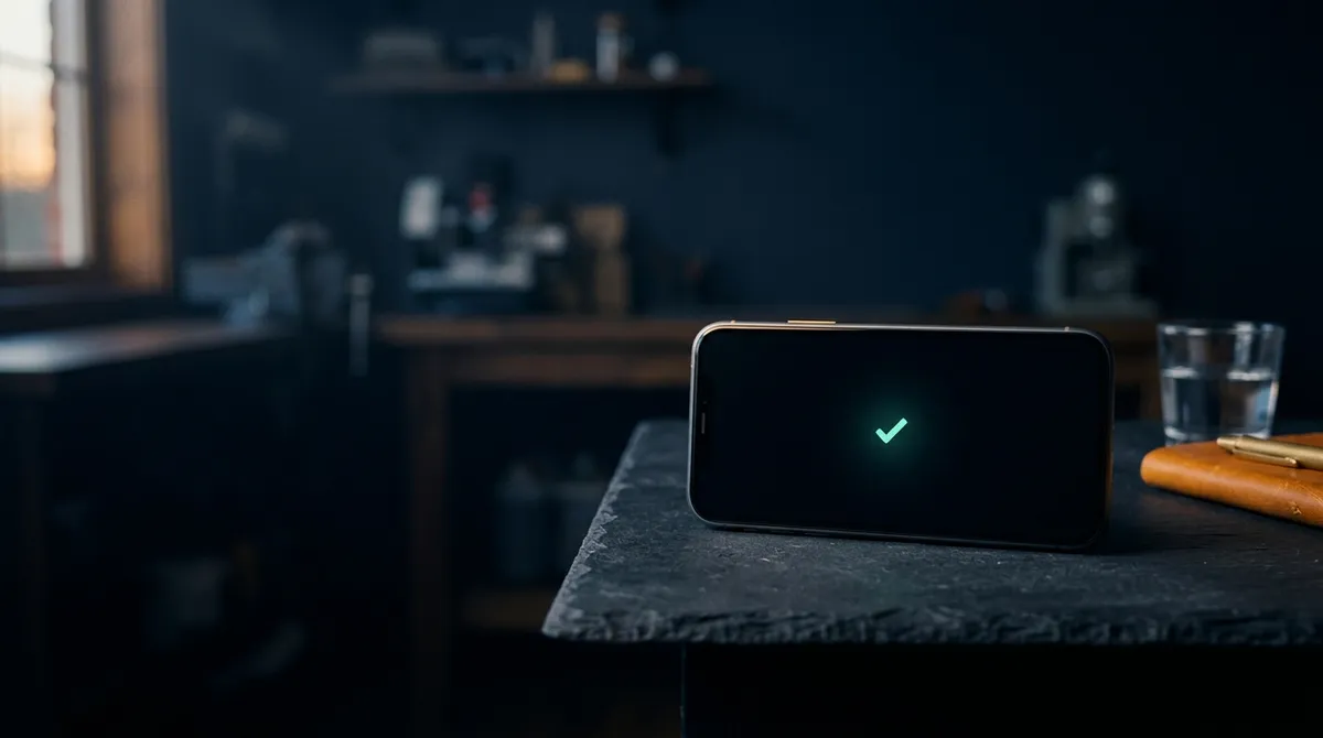 A single phone on a dark slate desk showing one crisp mint-teal verified checkmark.