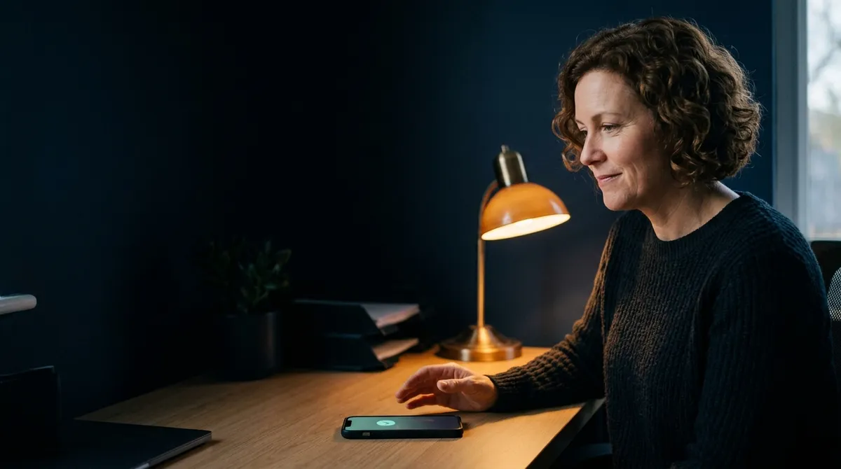 A small-business owner at a dusk desk listening to an AI-assisted call, a soft mint-teal indicator glowing on the phone.