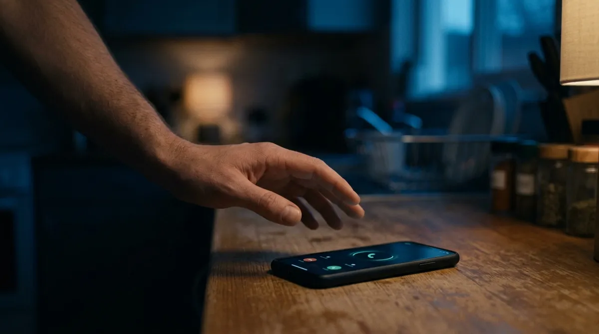 A phone ringing face-up on a table with an unknown caller, a hand hesitating above it.