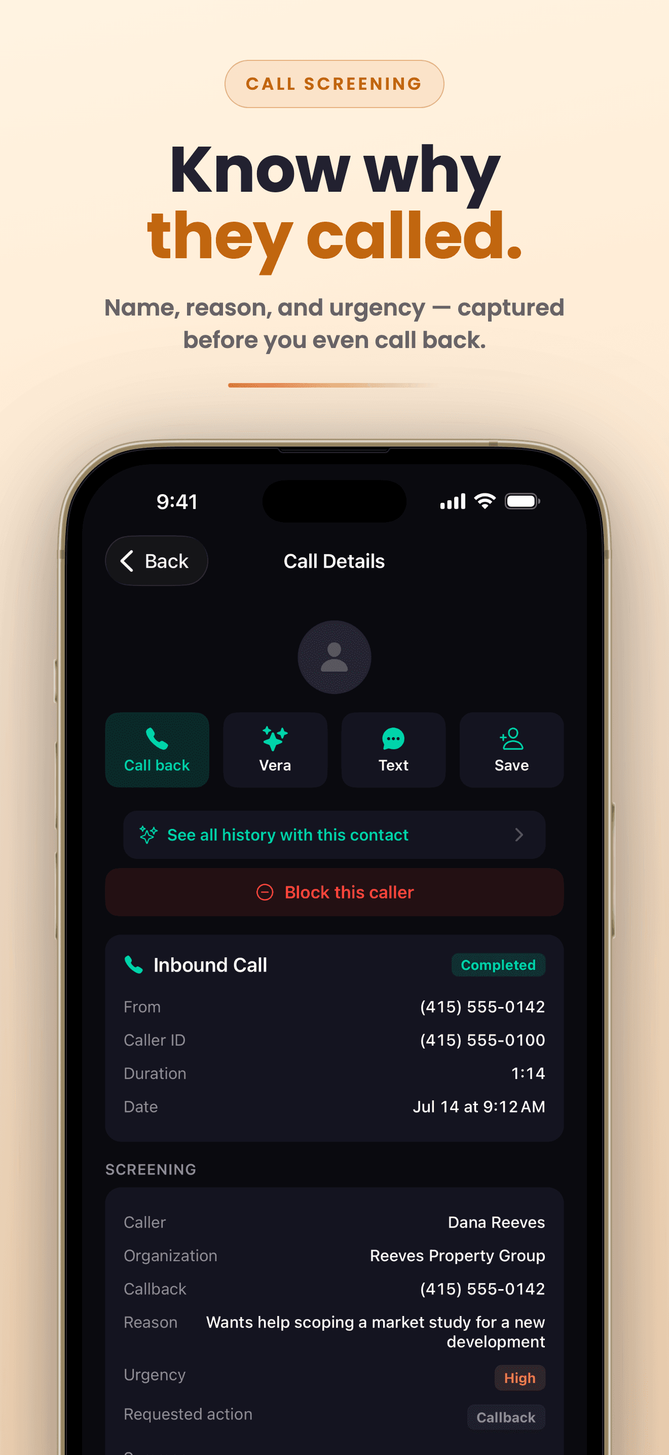 Screened call detail with the caller's name, organization, reason for calling, urgency, and requested action