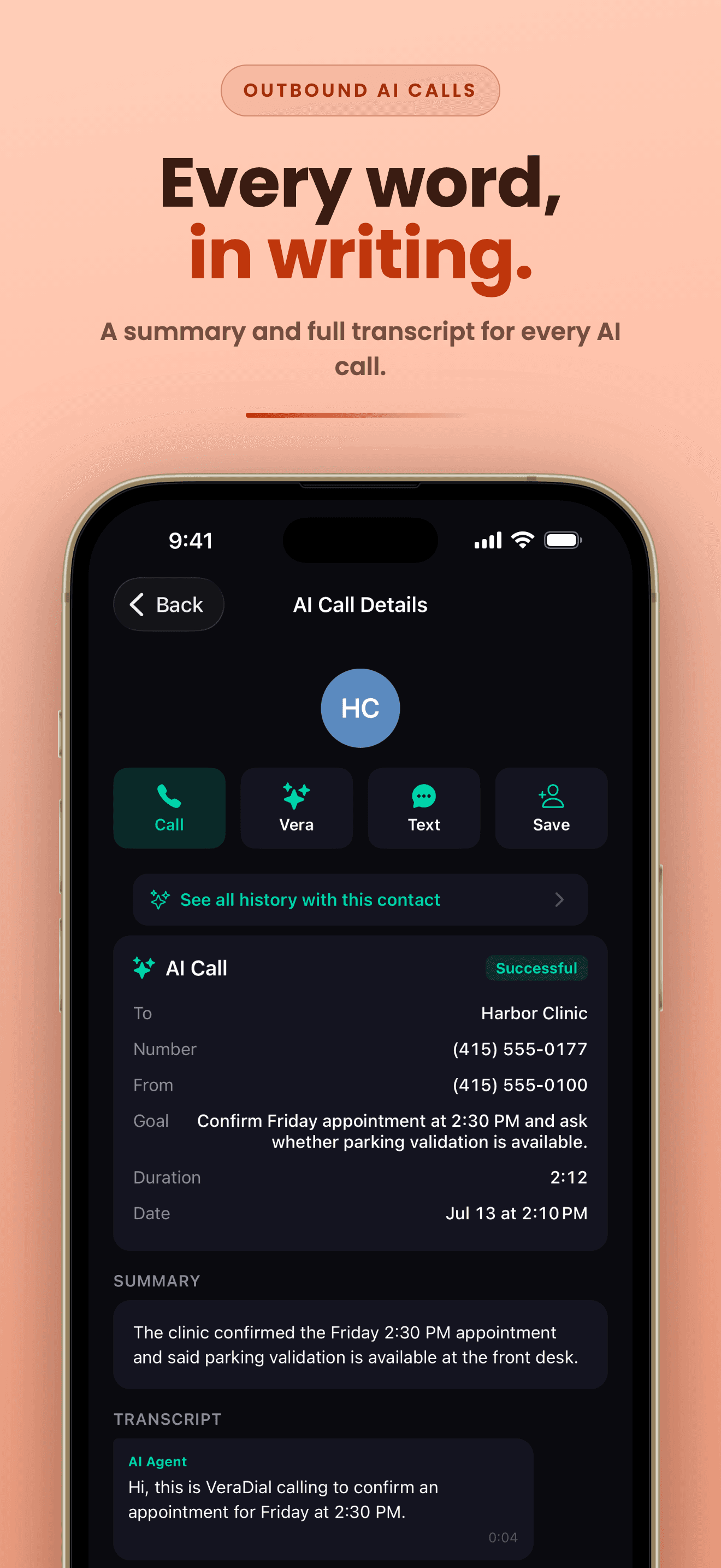 Completed AI call with outcome, summary, and the full transcript of the conversation