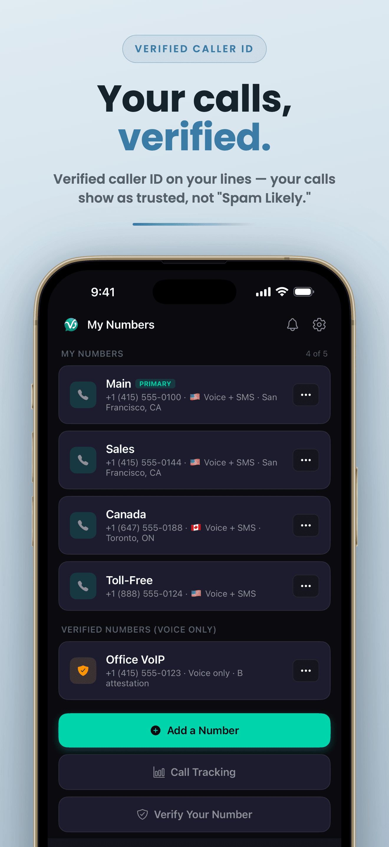 Number management screen showing verified business lines with caller ID attestation