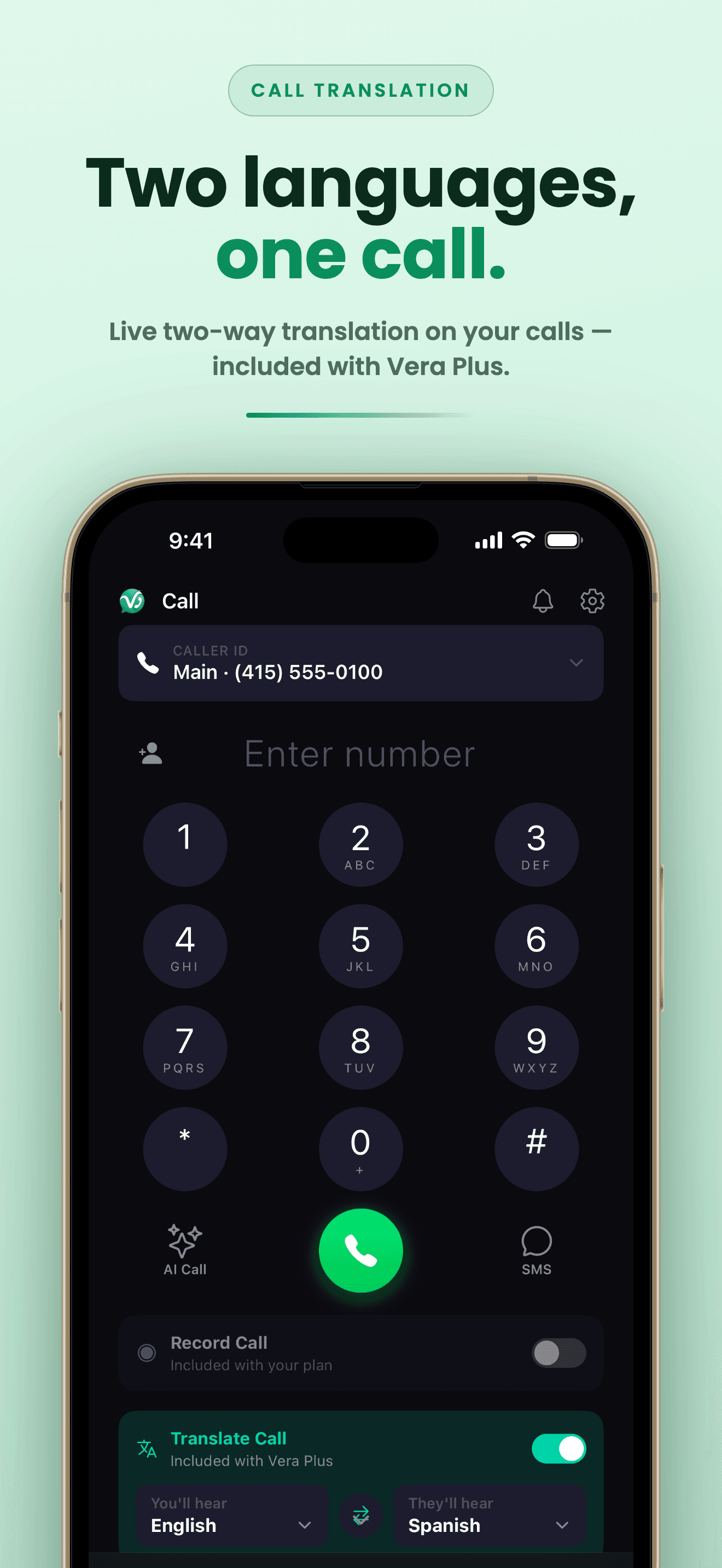 Dialer with live call translation enabled, translating between English and Spanish