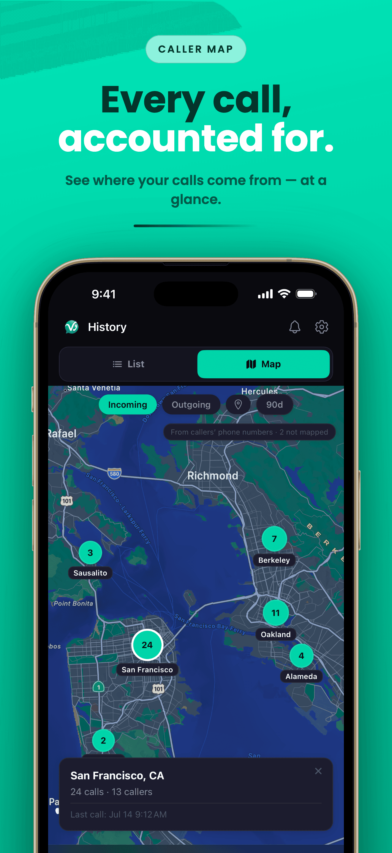 Map view of call activity showing where callers are located across a metro area