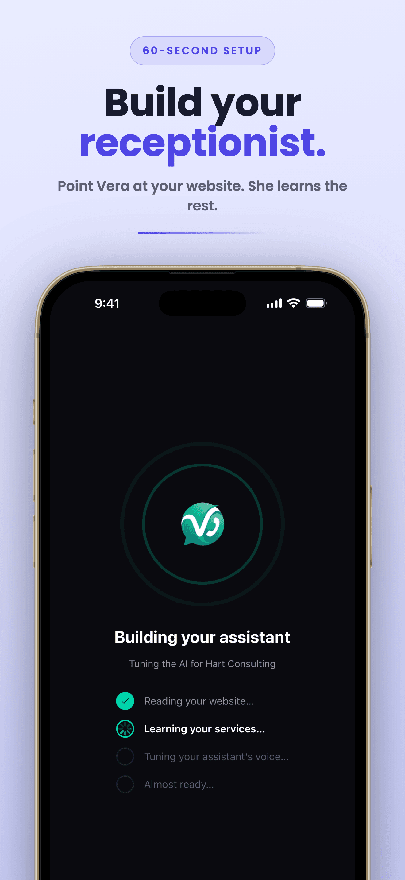 Build-your-receptionist flow: Vera learns the business from its website or Google listing