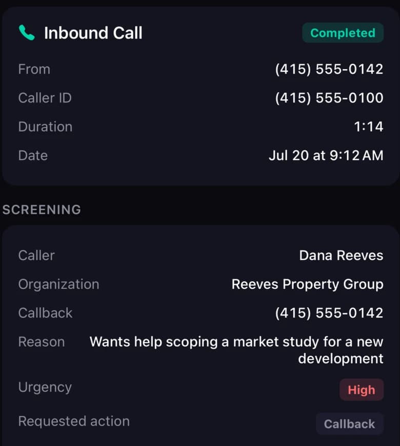 A VeraDial call record for a screened inbound call, listing the caller's name and organization, their callback number, the reason they rang, an urgency of High, and a requested action of Callback