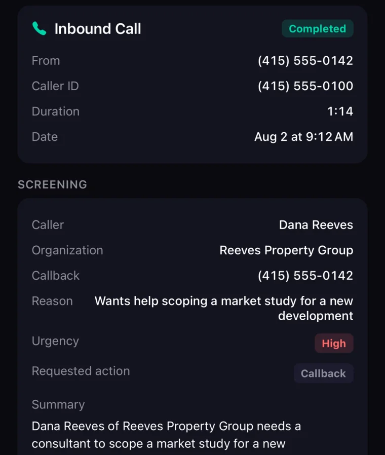 VeraDial app call details cropped to the screening result: the caller, their organization, callback number, reason for calling, high urgency, requested action, and Vera's summary