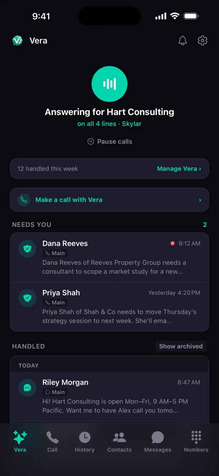 VeraDial app home screen with a Needs you list of two callers to follow up on and a Handled list of calls Vera already answered