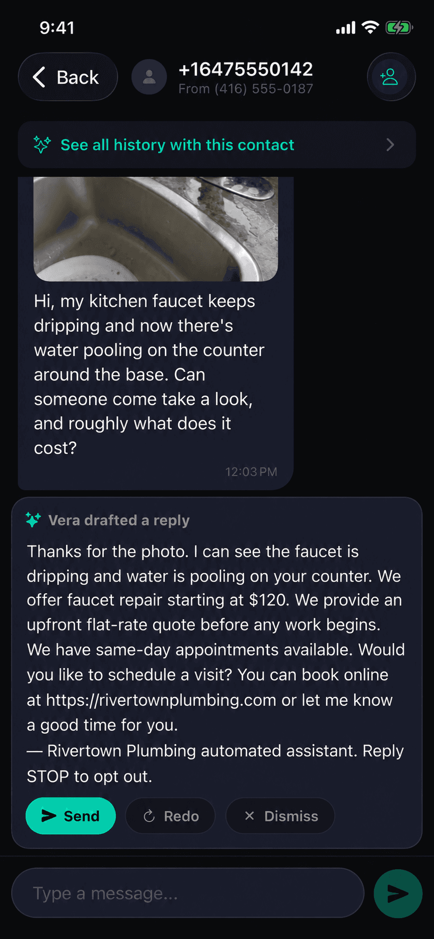 VeraDial mobile app showing a customer plumbing photo and a drafted reply ready for review