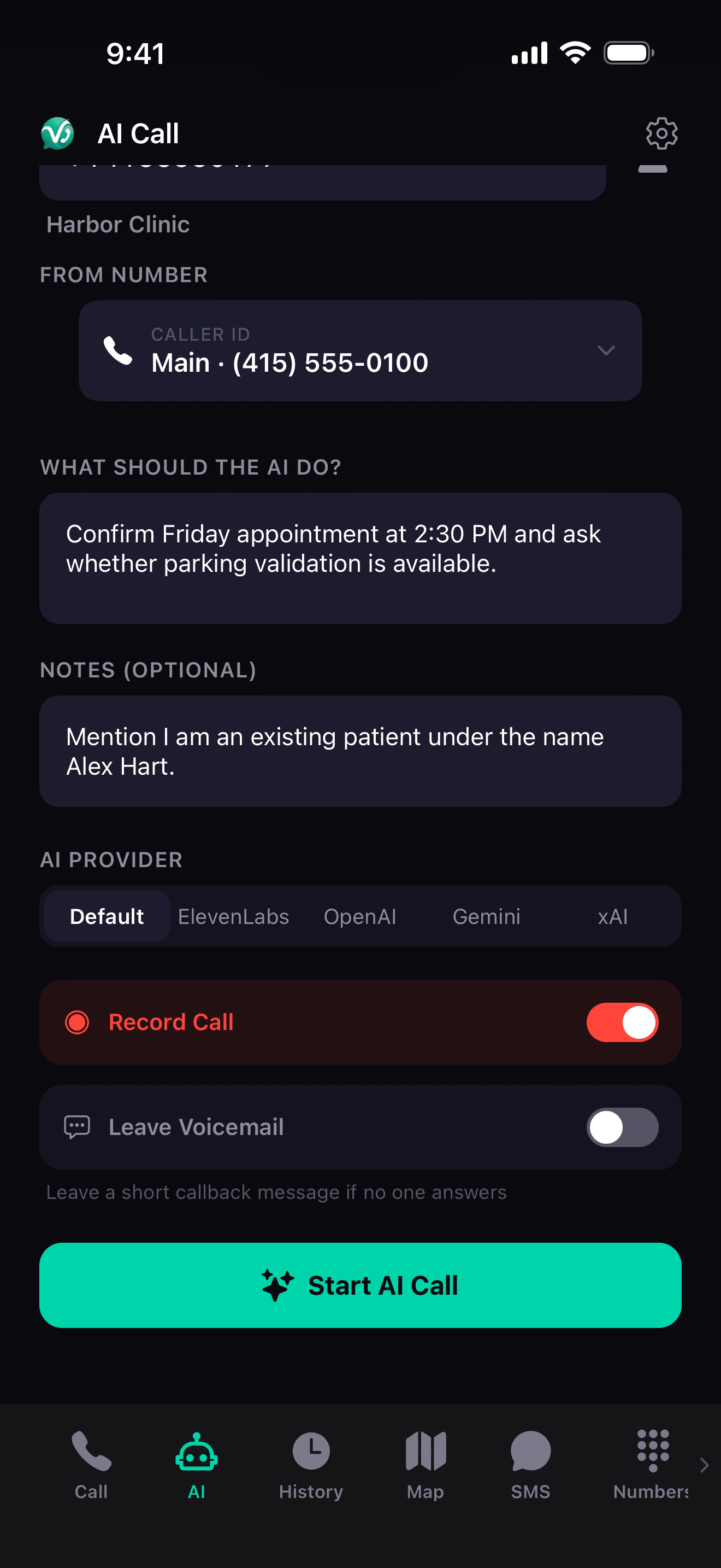 VeraDial AI call composer with custom goals and presets
