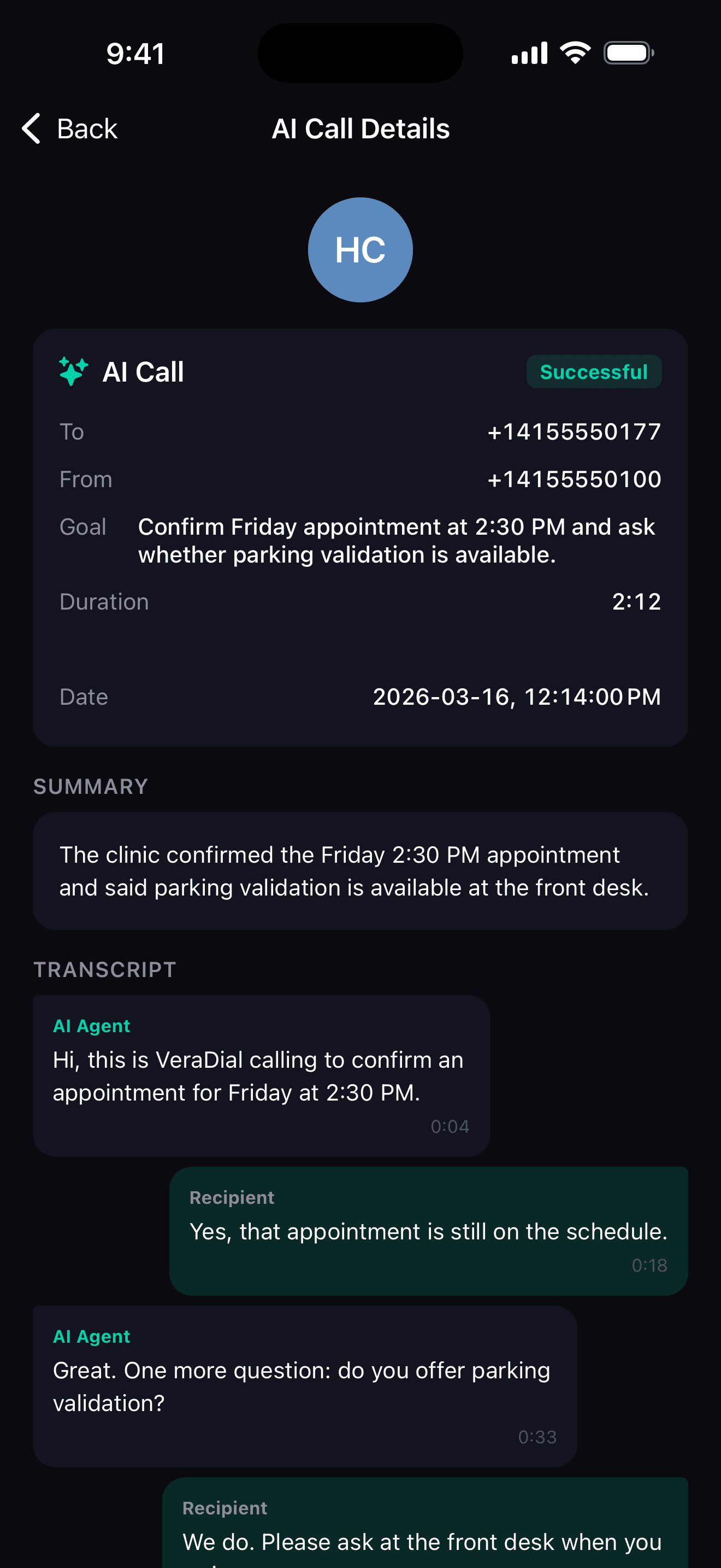 VeraDial AI call transcript with candidate screening summary