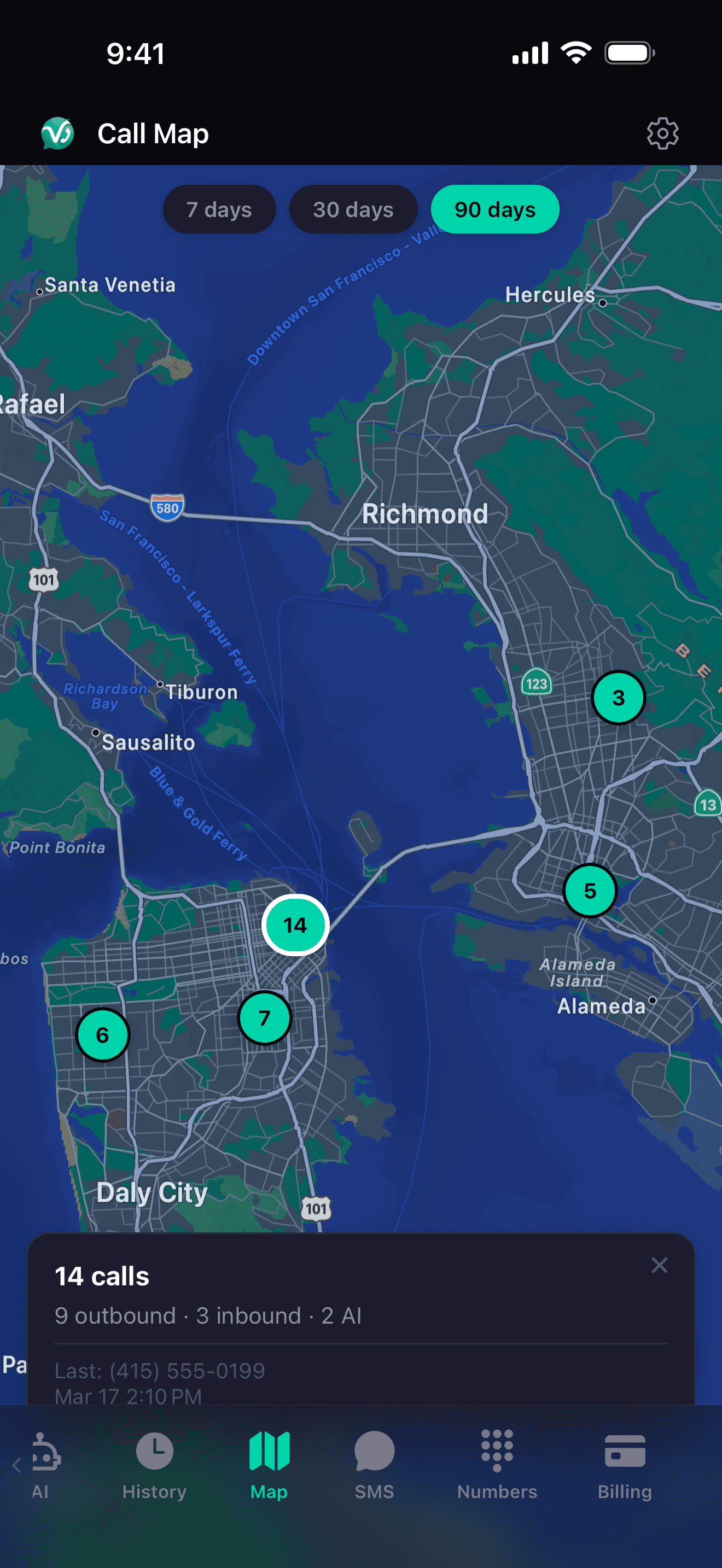 VeraDial Call Map showing geographic call activity