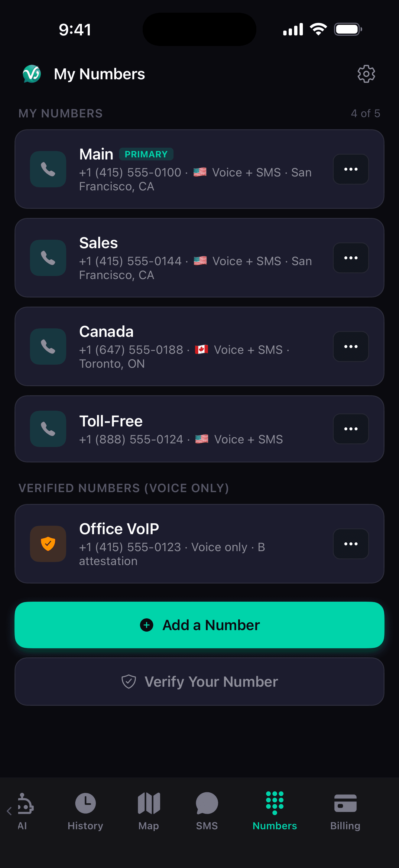 VeraDial number management showing multiple business lines