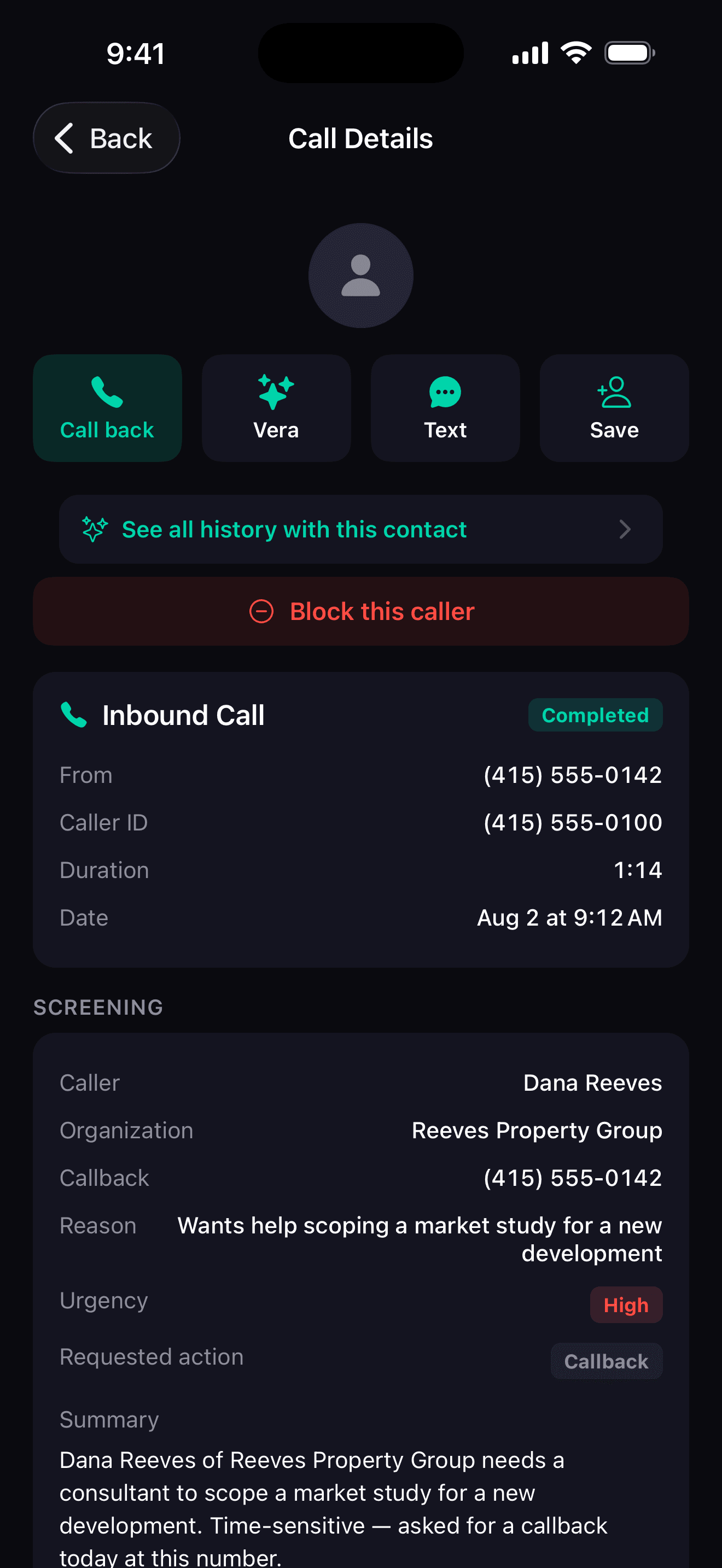 VeraDial call detail showing the caller, what they need, and Vera's summary of an answered call